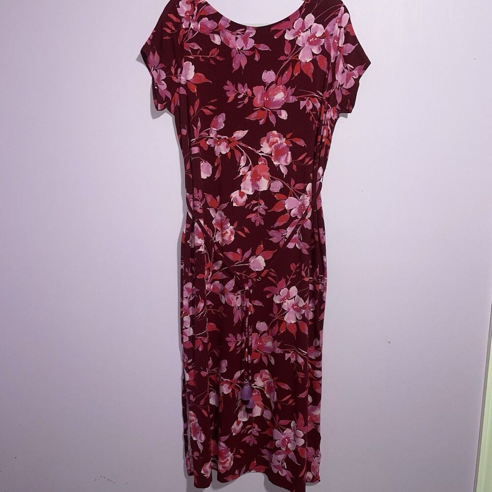 J Jill Midi Dress Women M Soft Stretch Jersey Knit Pink Floral Pockets Casual
